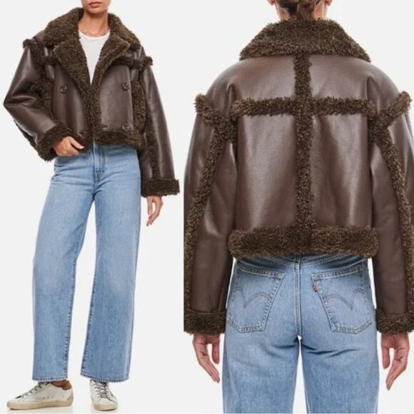 Stand Studio Kristy Faux Shearling Cropped Jacket Women's Size 0 US Brown - Picture 2 of 2